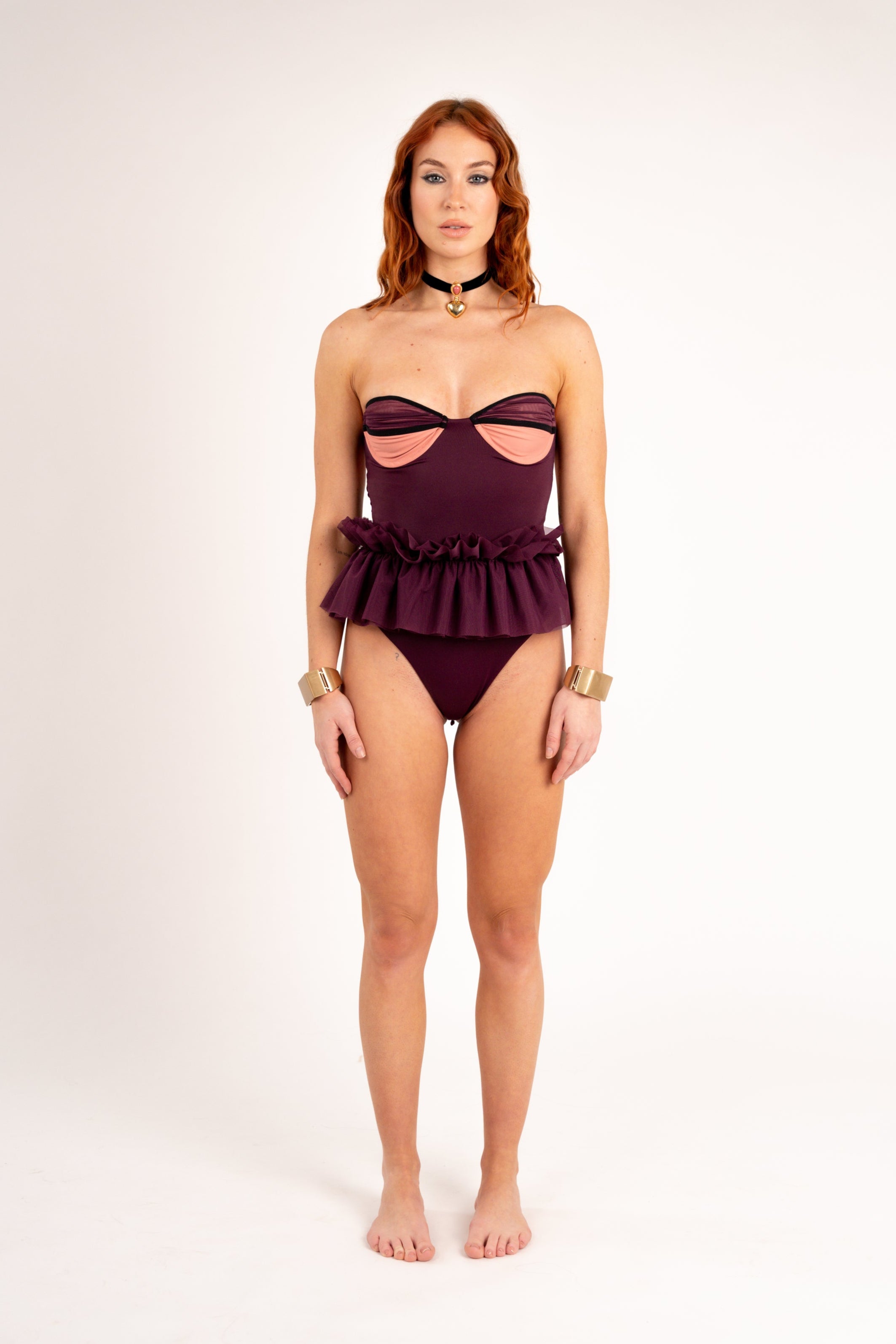 Charming Peachy Pink/Wine Swimsuit with Mesh Belt